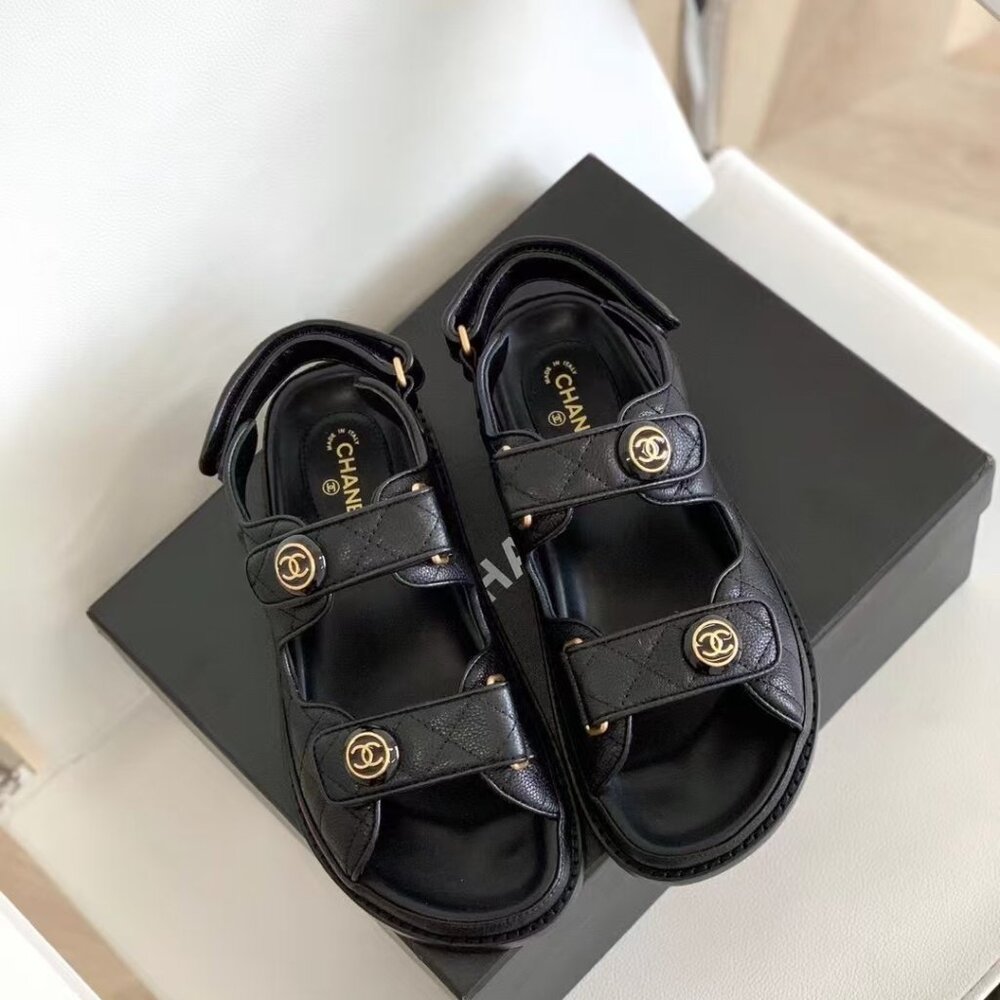 Black Caviar Dad Sandal Gold CC Logo Mule Slide Flat